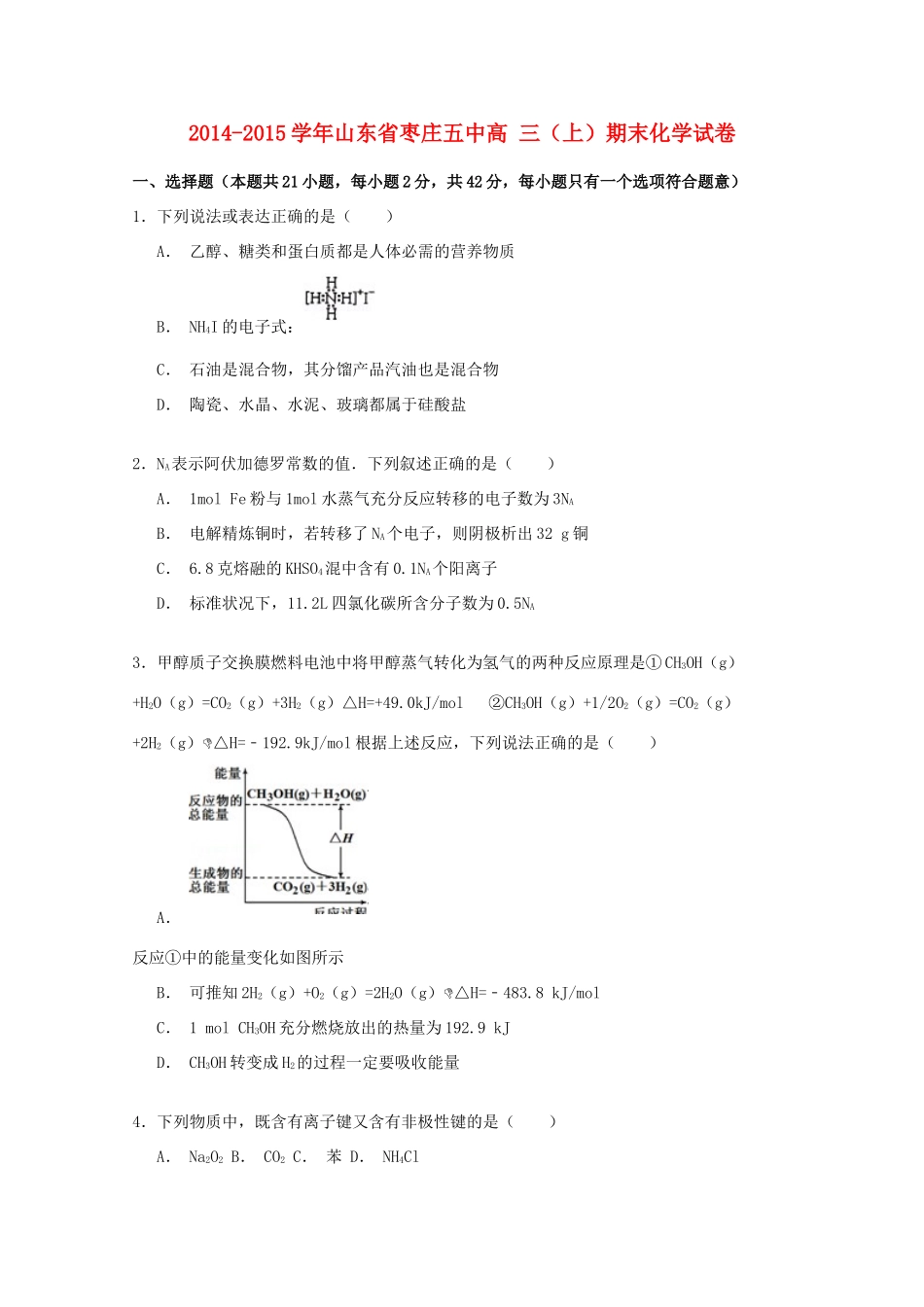 山东省枣庄五中高三化学上学期期末试卷（含解析）-人教版高三全册化学试题_第1页