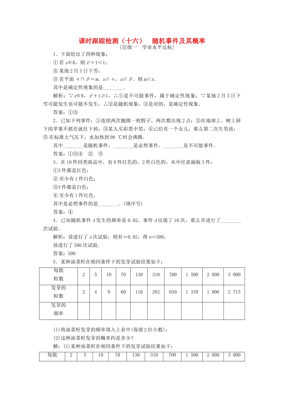 高中数学 课时跟踪检测（十六）随机事件及其概率 苏教版必修3-苏教版高一必修3数学试题_第1页