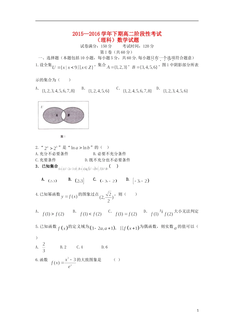 高二数学6月阶段性考试试题 理-人教版高二全册数学试题_第1页