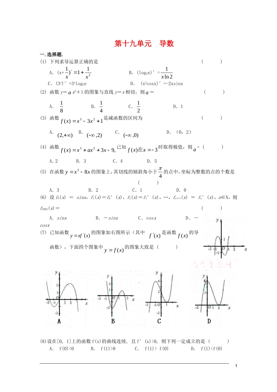江苏省高考数学第一轮复习第十九单元试卷 导数 苏教版_第1页