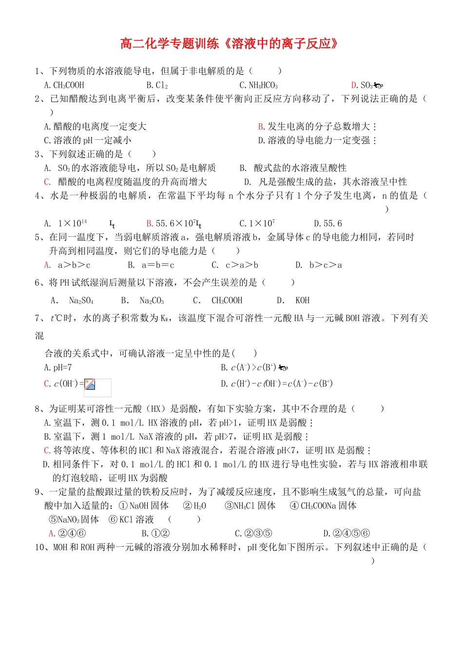 高二化学  专题三《溶液中的离子反应》测试（2）苏教版选修4_第1页