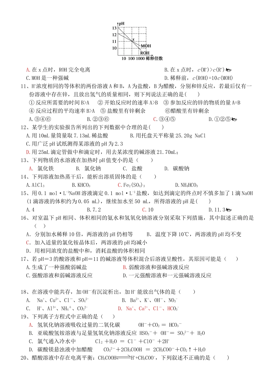 高二化学  专题三《溶液中的离子反应》测试（2）苏教版选修4_第2页