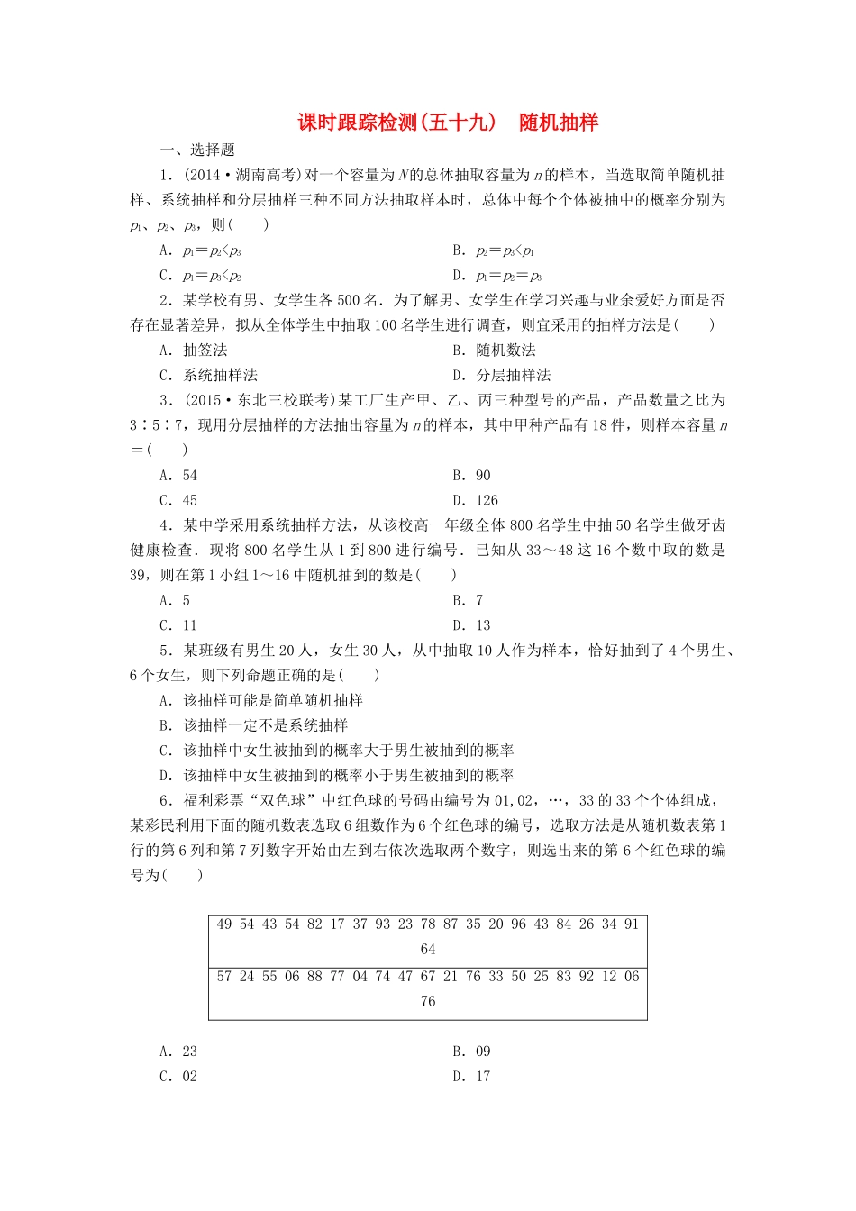 （新课标）高考数学大一轮复习 课时跟踪检测（五十九）随机抽样 文（含解析）-人教版高三全册数学试题_第1页