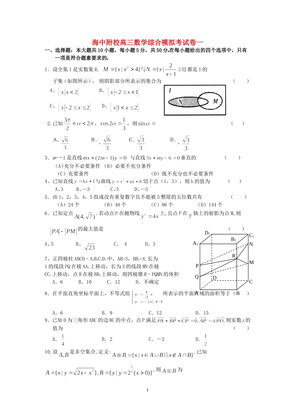 海中附校高三数学综合模拟考试卷一_第1页
