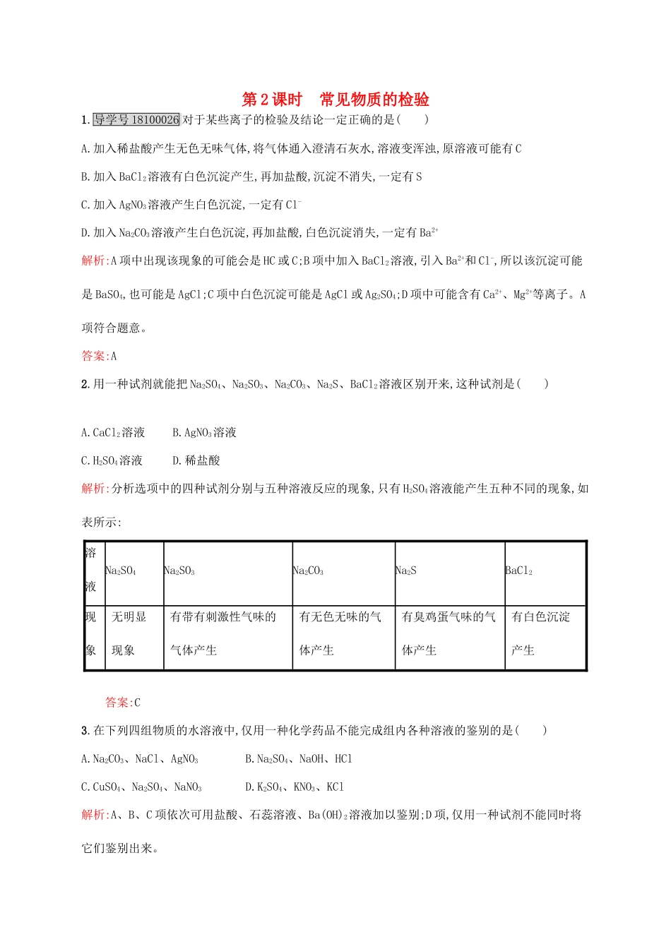 高中化学 专题1 化学家眼中的物质世界 第二单元 研究物质的实验方法（第2课时）常见物质的检验课时作业 苏教版必修1-苏教版高一必修1化学试题_第1页
