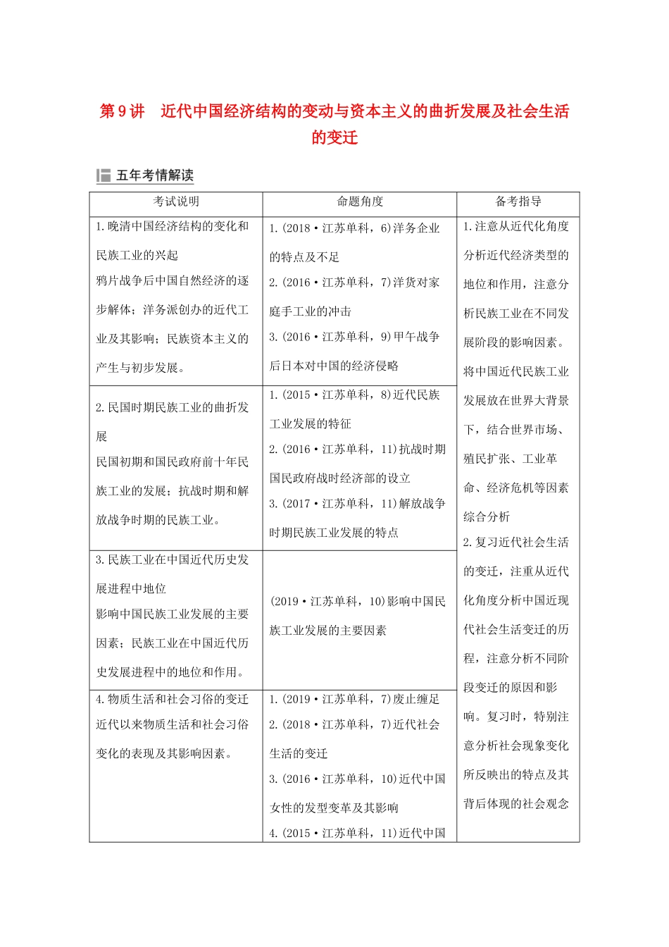 （江苏专用）高考历史大二轮复习 板块三 近代中国 第9讲 近代中国经济结构的变动与资本主义的曲折发展及社会生活的变迁练习-人教版高三全册历史试题_第1页