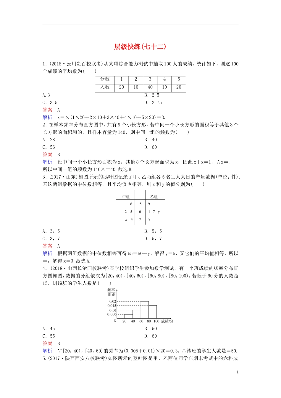 高考数学一轮复习 第十章 算法初步及概率与统计层级快练72 文-人教版高三全册数学试题_第1页