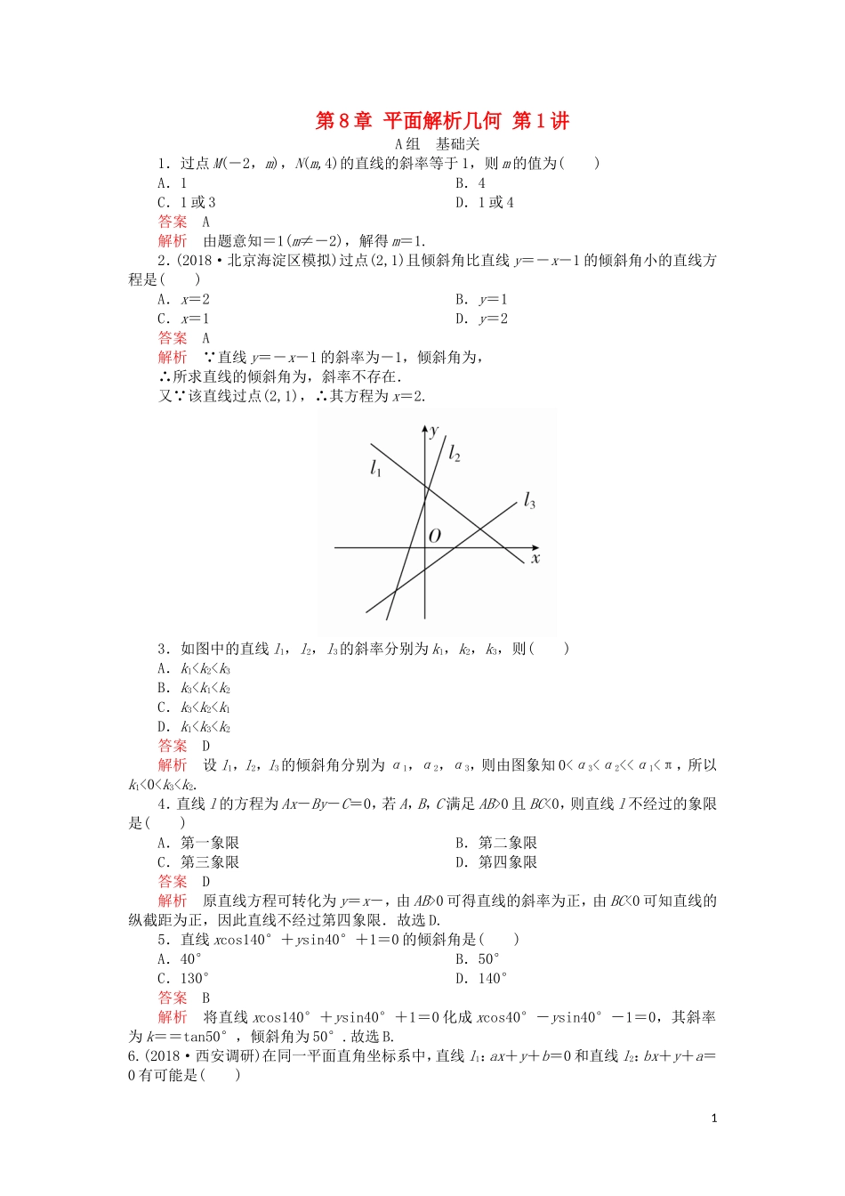 高考数学一轮复习 第8章 平面解析几何 第1讲 课后作业 理（含解析）-人教版高三全册数学试题_第1页