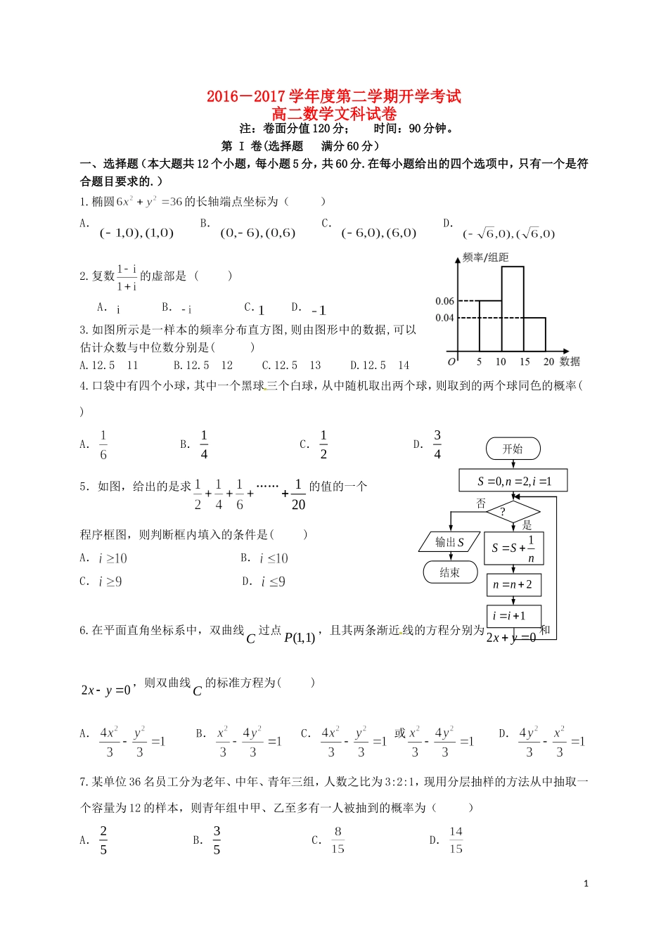 黑龙江省友谊县高二数学下学期开学考试试题 文-人教版高二全册数学试题_第1页