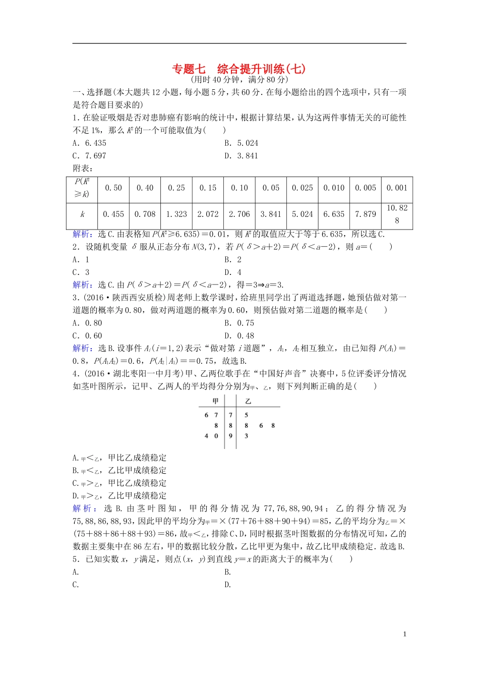 高考数学二轮复习 第1部分 小题速解方略—争取高分的先机 专题七 概率与统计综合提升训练 理-人教版高三全册数学试题_第1页