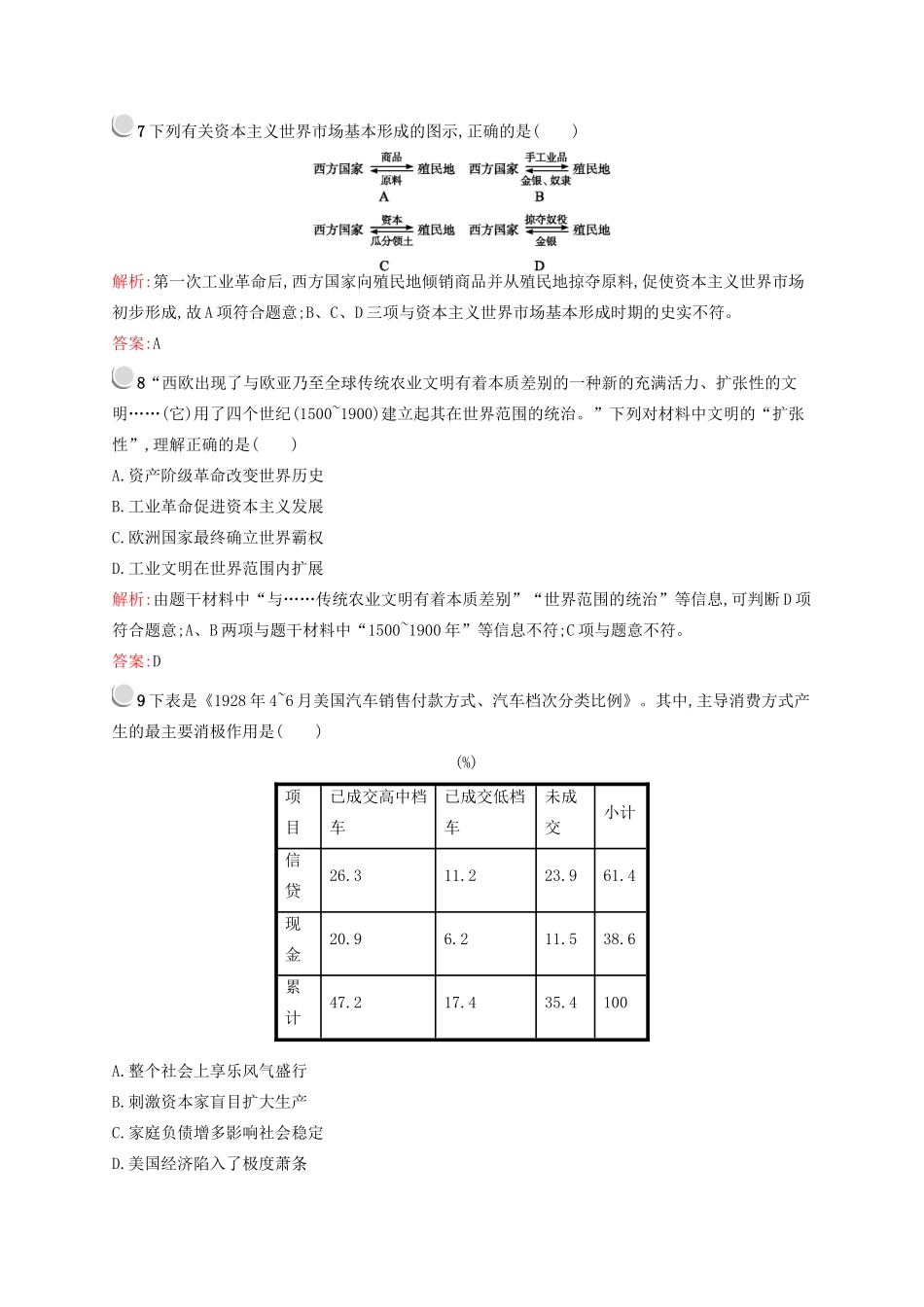 高中历史 专题五、六 走向世界的资本主义市场 罗斯福新政与当代资本主义测评 人民版必修2-人民版高一必修2历史试题_第3页