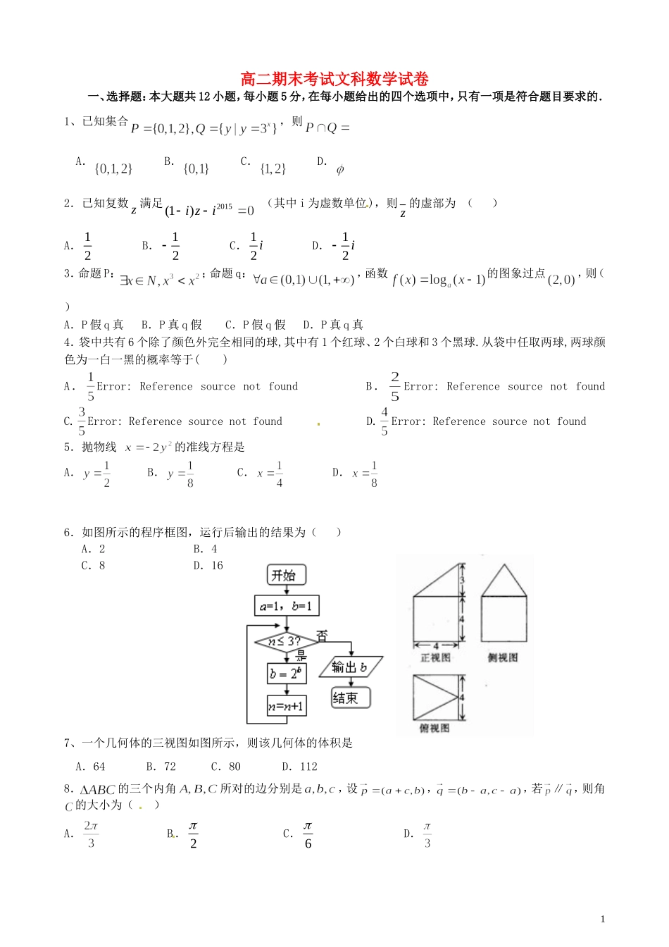 高二数学下学期末考试试题 文-人教版高二全册数学试题_第1页