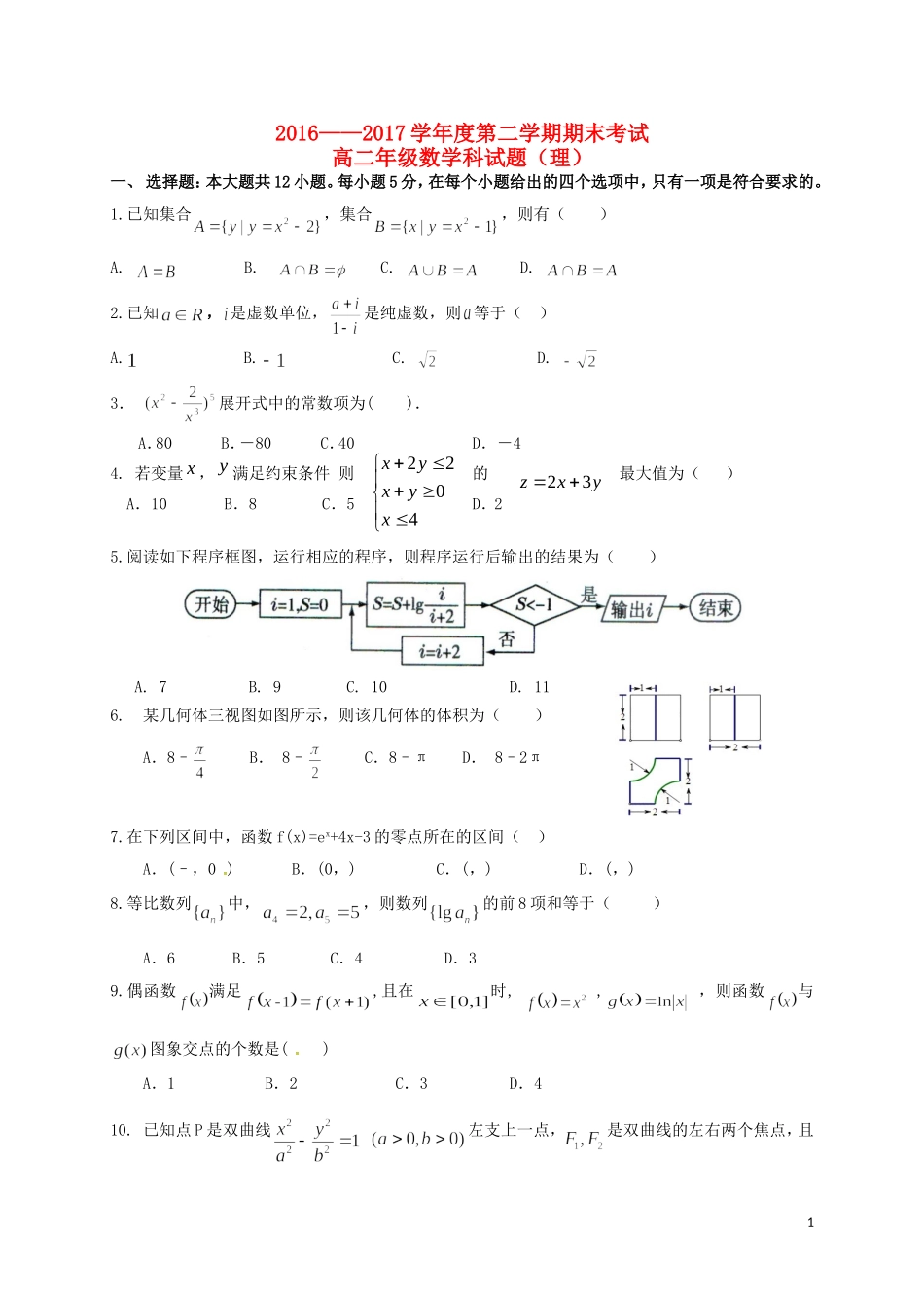 贵州省思南县高二数学下学期期末考试试题 理-人教版高二全册数学试题_第1页