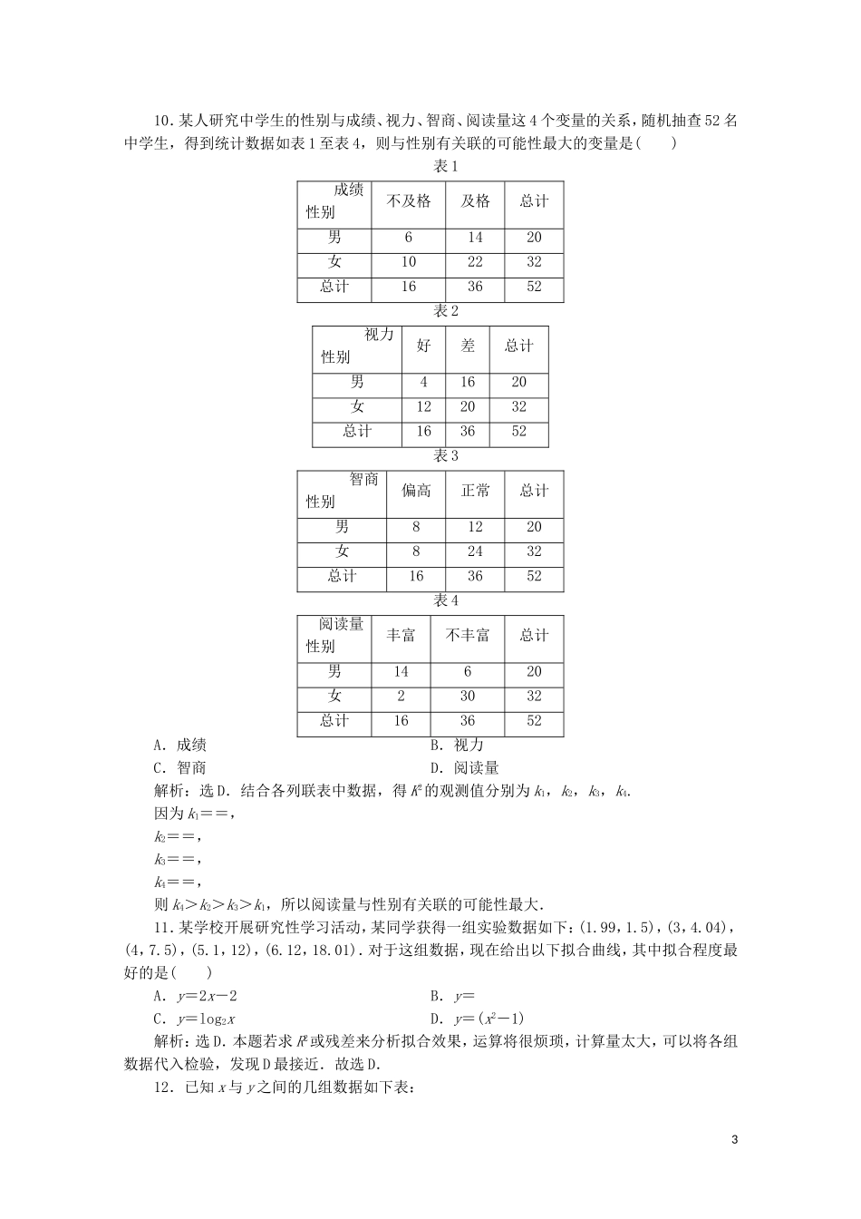 高中数学 第三章 统计案例 章末综合检测（三）（含解析）新人教A版选修2-3-新人教A版高二选修2-3数学试题_第3页