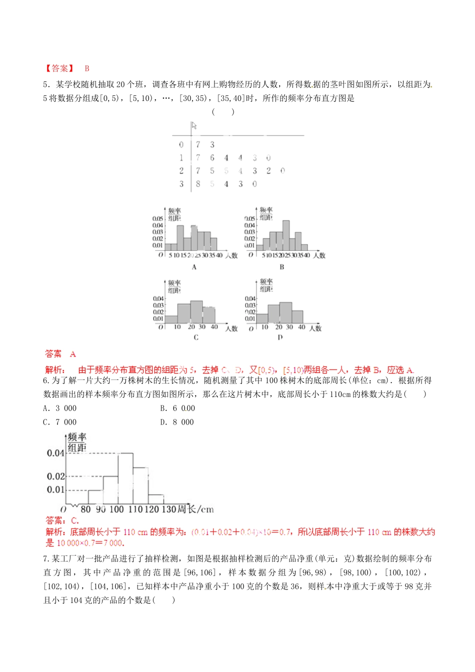 高中数学 专题1.7 用样本的频率分布估计总体分布测试（含解析）新人教A版必修3-新人教A版高一必修3数学试题_第2页