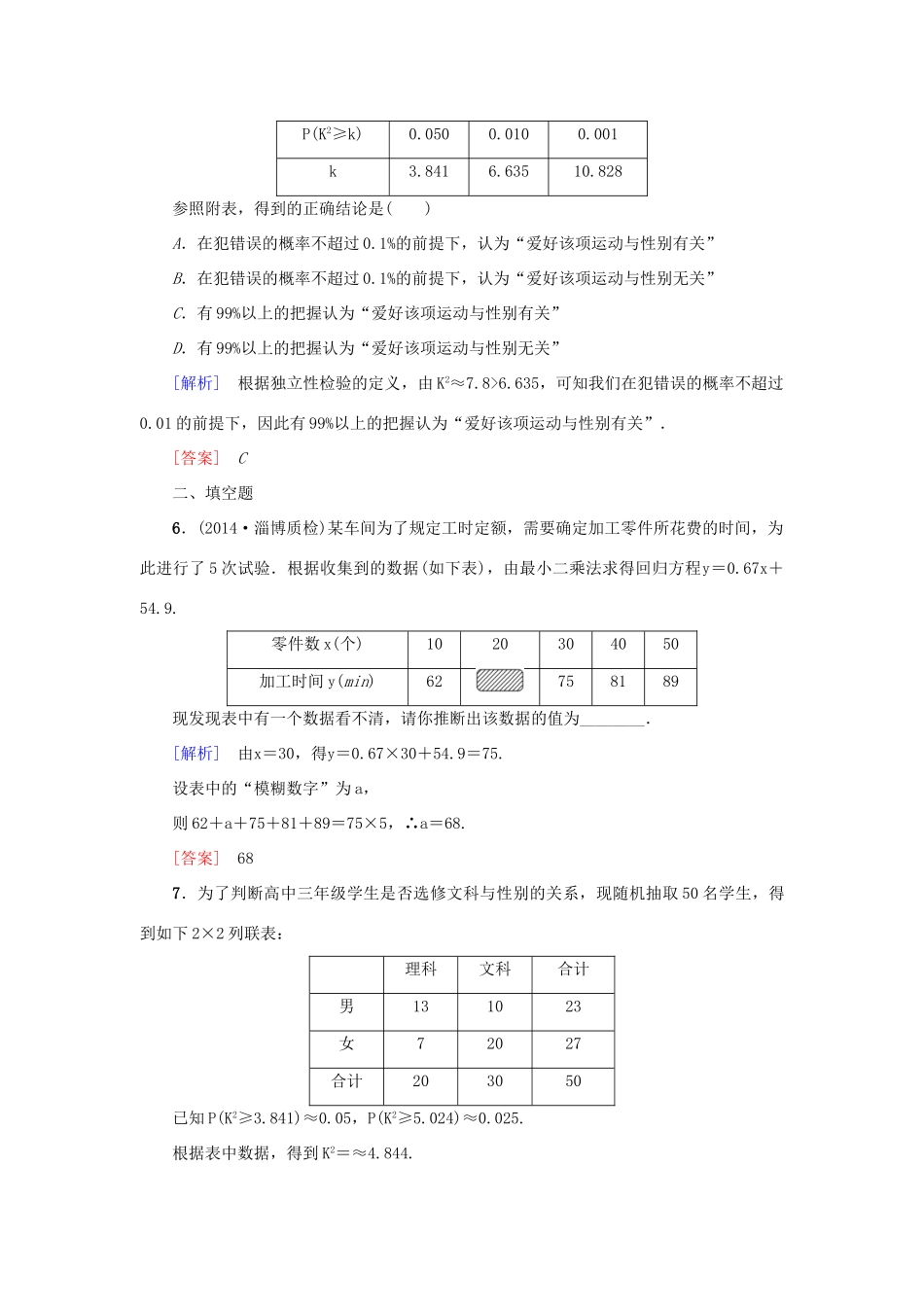 高考新坐标高考数学总复习 第九章 第4节 变量间的相关性与统计案例课后作业-人教版高三全册数学试题_第3页