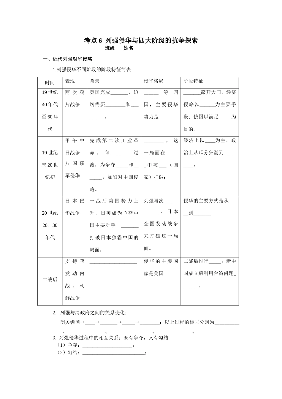 考点6  列强侵华与四大阶级的抗争探索_第1页