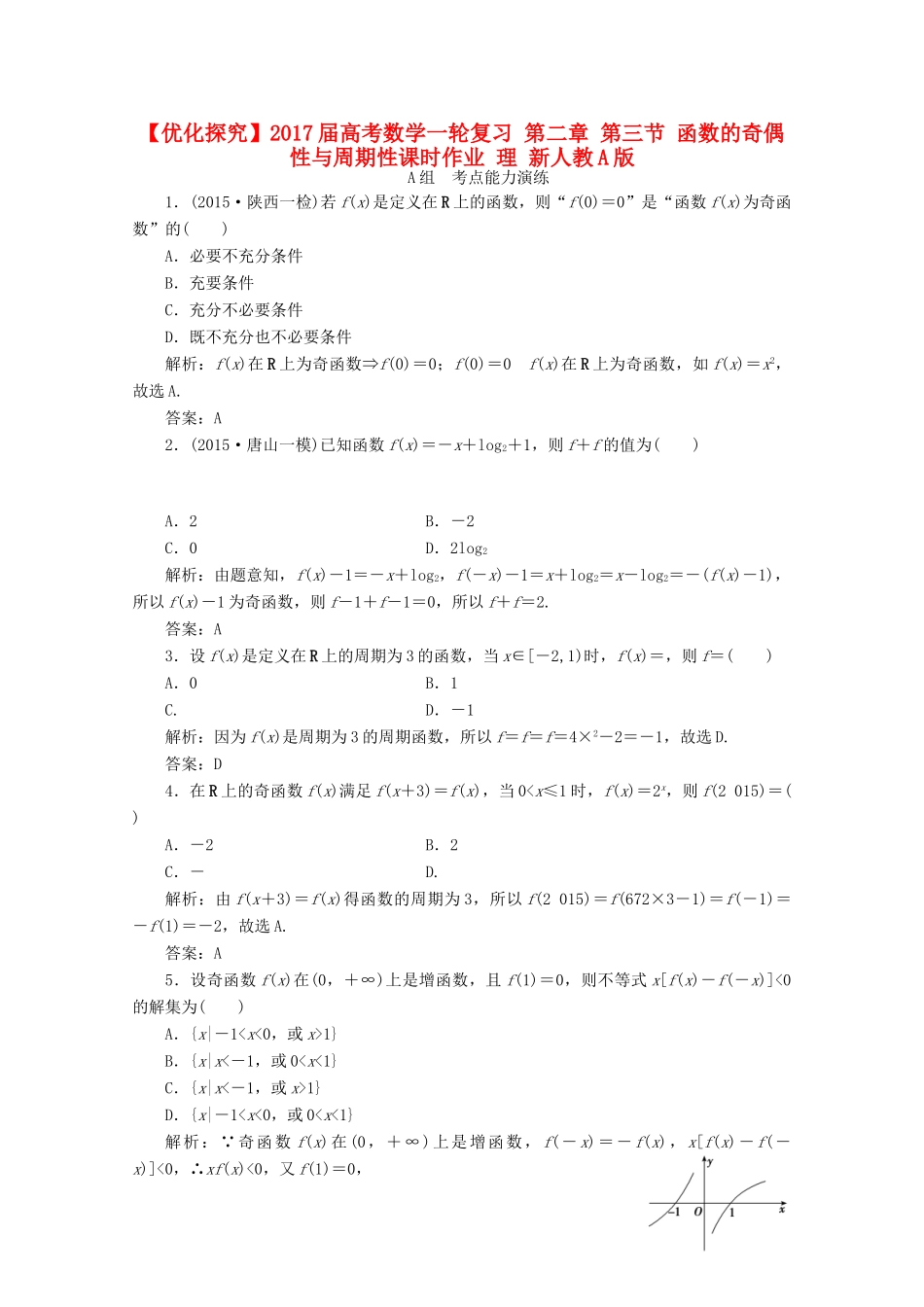优化探究高考数学一轮复习 第二章 第三节 函数的奇偶性与周期性课时作业 理 新人教A版-新人教A版高三全册数学试题_第1页