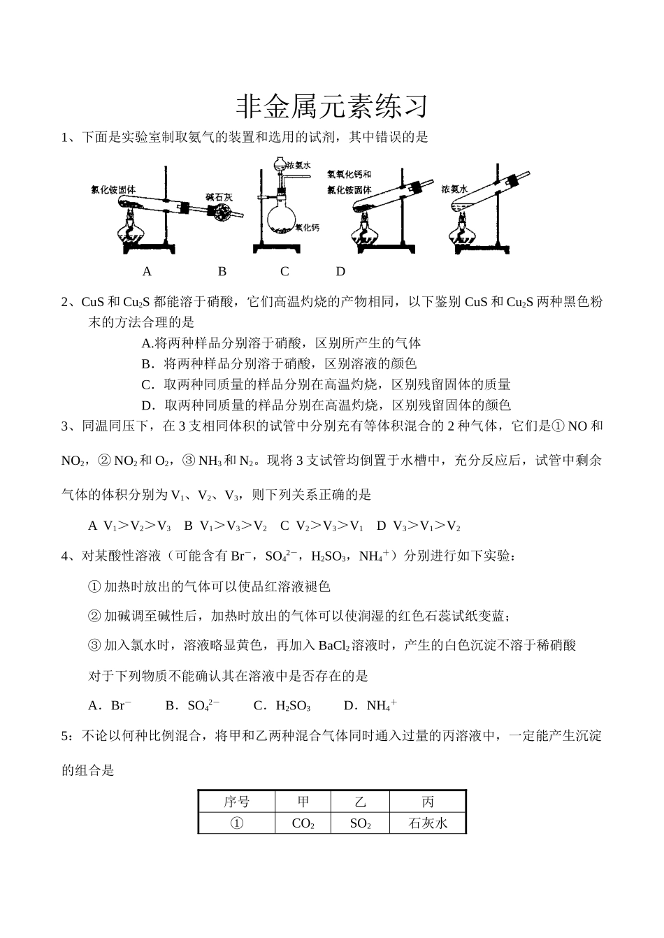 高一化学非金属元素及其化合物测试_第1页