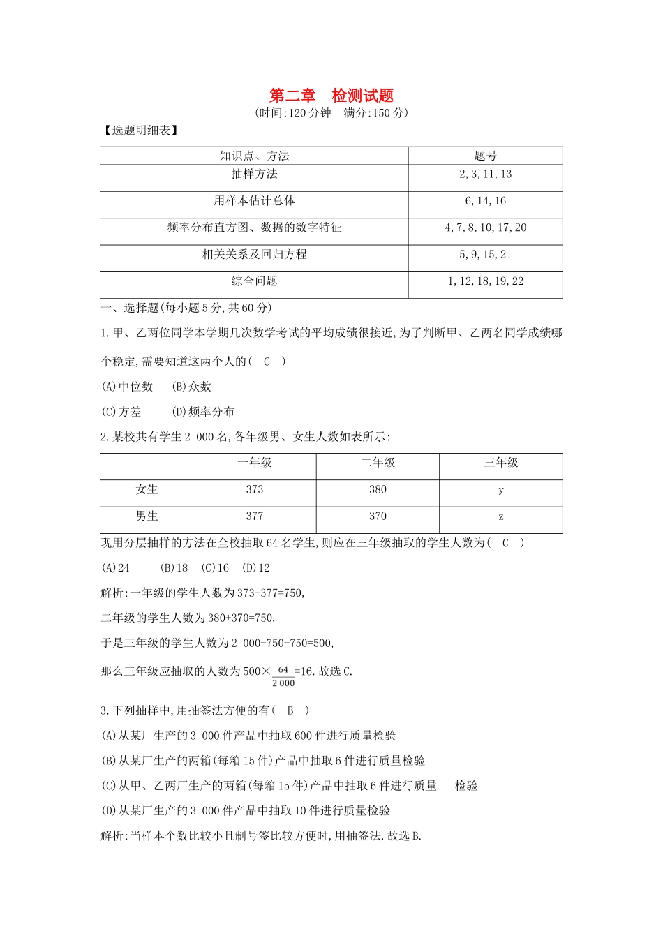 高中高中数学 第二章 统计检测试题 新人教A版必修3-新人教A版高一必修3数学试题_第1页