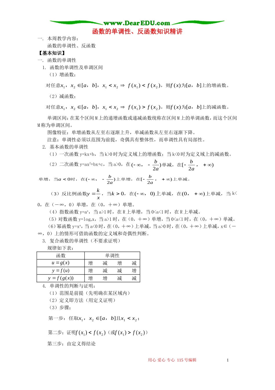 函数的单调性、反函数知识精讲 人教版_第1页