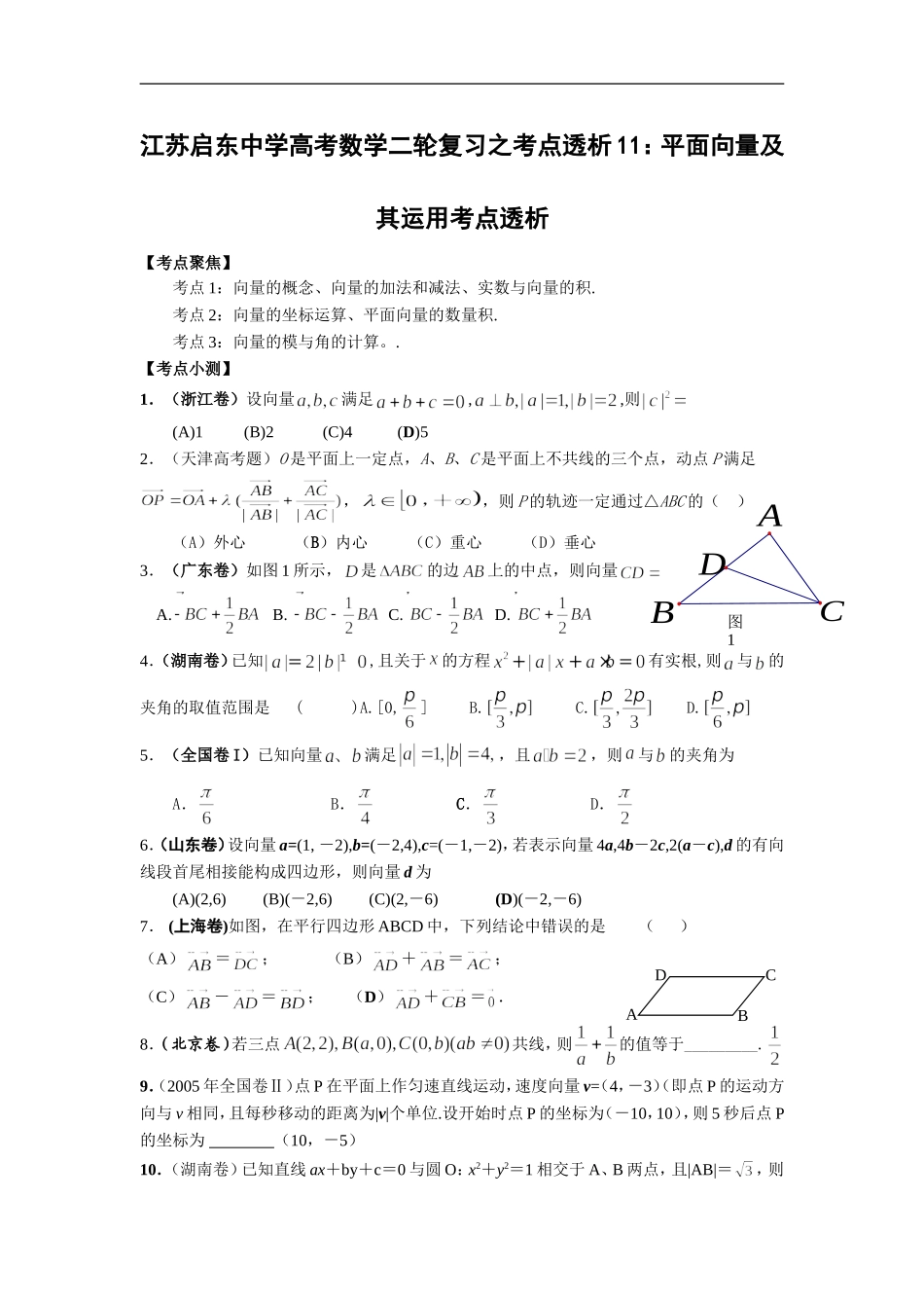 高考数学二轮复习之考点透析11：平面向量及其运用考点透析_第1页