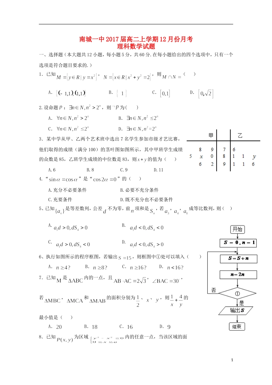 高二数学上学期12月月考试题 理-人教版高二全册数学试题_第1页