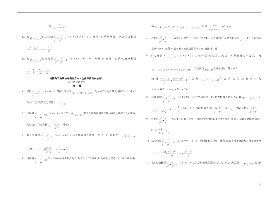 四川省木里县中学高三数学总复习 数学椭圆与双曲线的经典性质50条 新人教A版_第2页