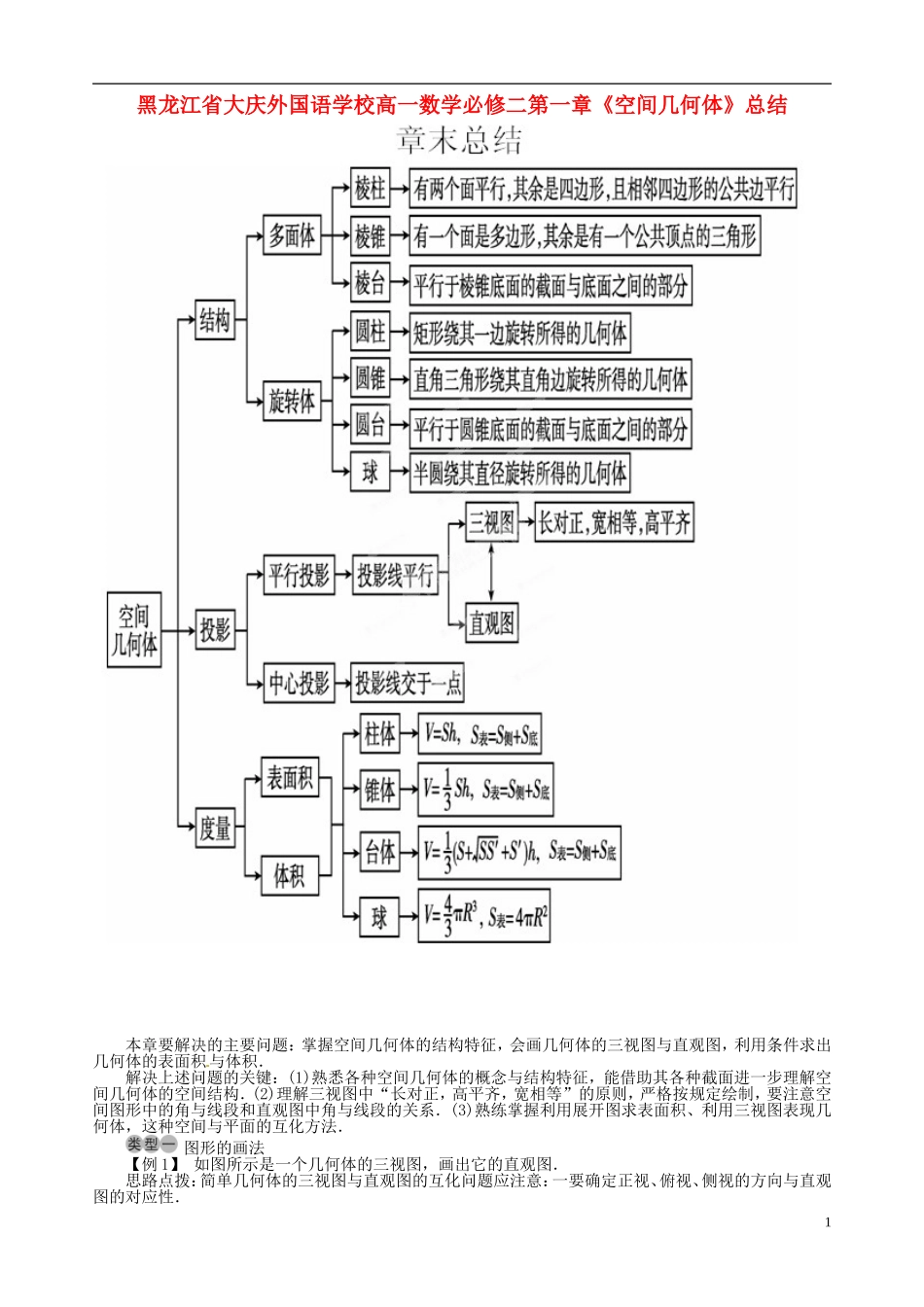黑龙江省大庆外国语学校高中数学 第一章《空间几何体》总结 新人教A版必修2_第1页