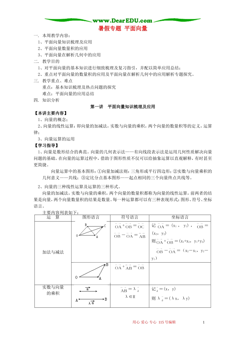暑假专题 平面向量 人教实验版B_第1页