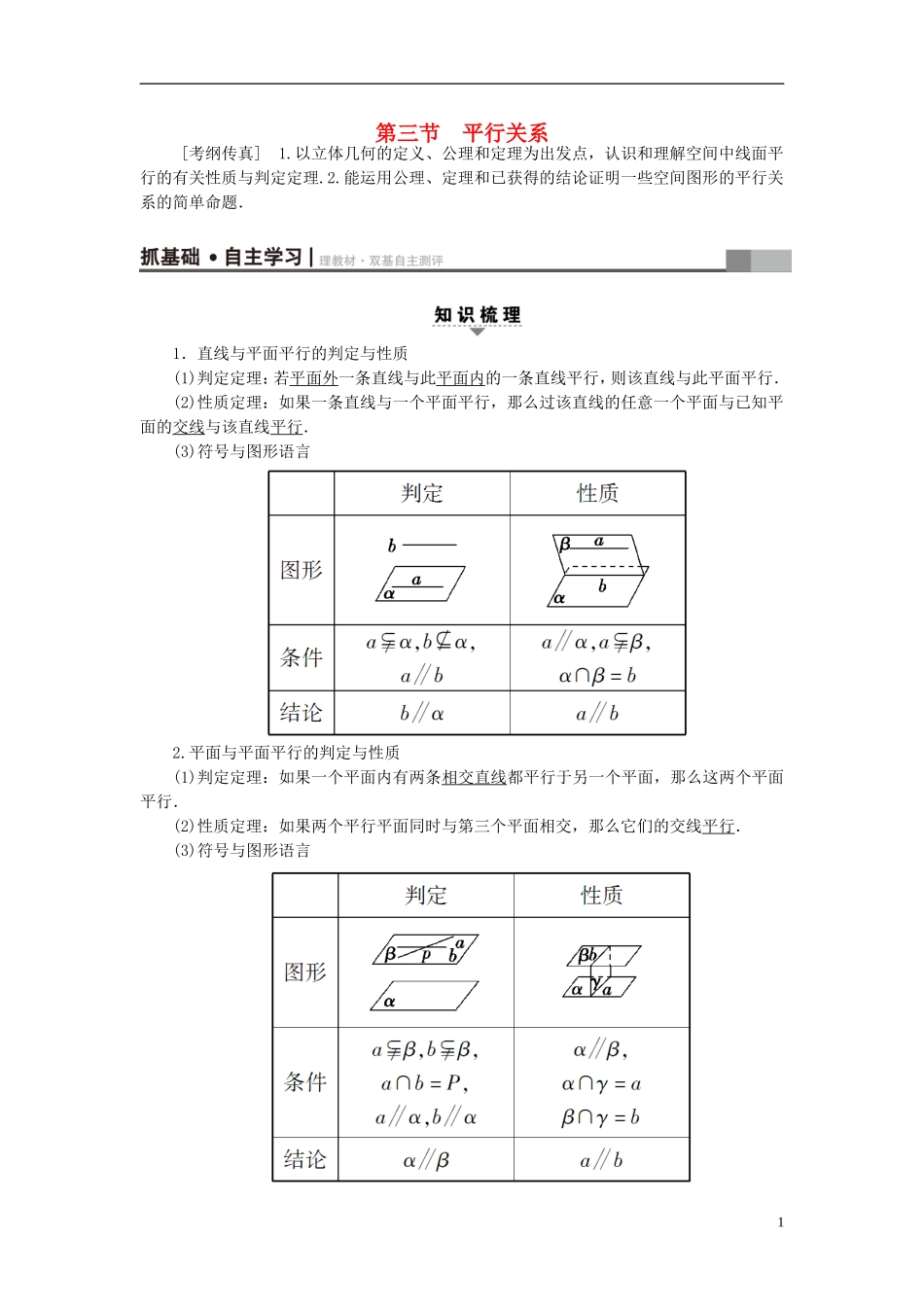 高考数学一轮复习 第7章 立体几何初步 第3节 平行关系教师用书 文 北师大版-北师大版高三全册数学试题_第1页