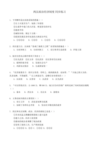 人教版高三历史两汉政治经济制度 同步练习