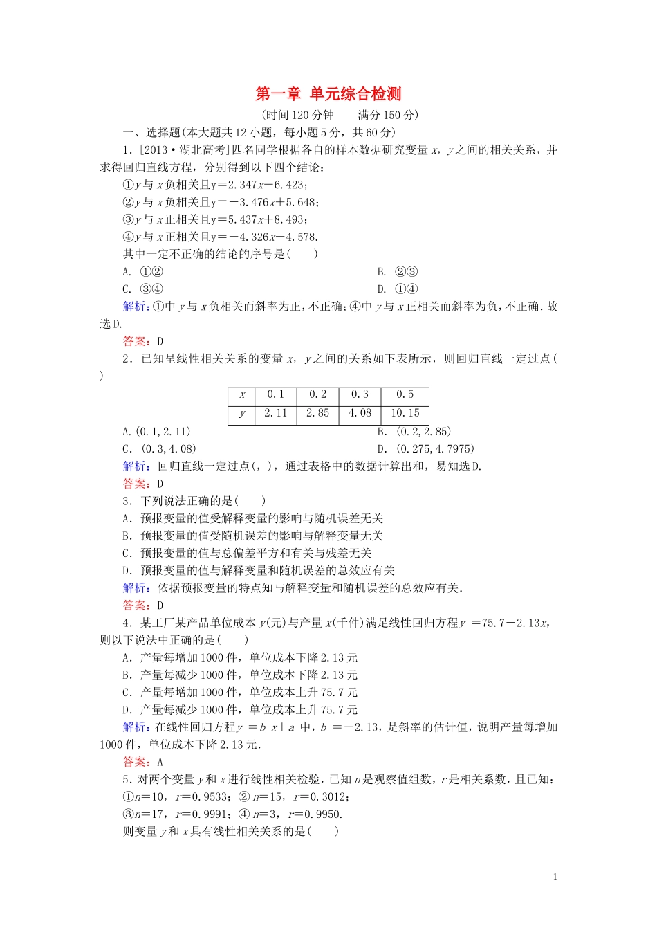 高中数学 第1章 统计案例单元综合检测（含解析）新人教A版选修1-2-新人教A版高二选修1-2数学试题_第1页