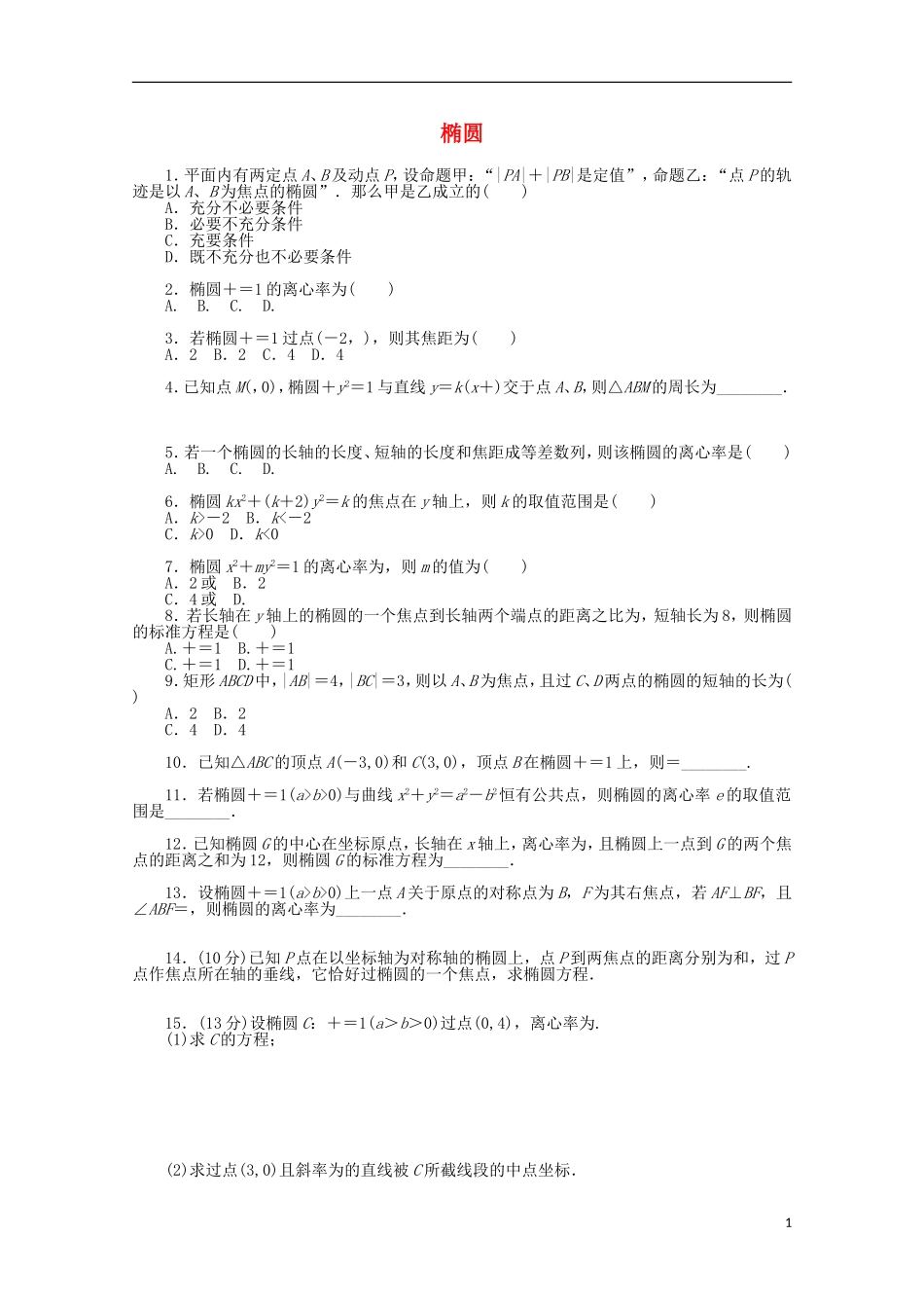 高考数学一轮复习 椭圆基础知识检测 文-人教版高三全册数学试题_第1页