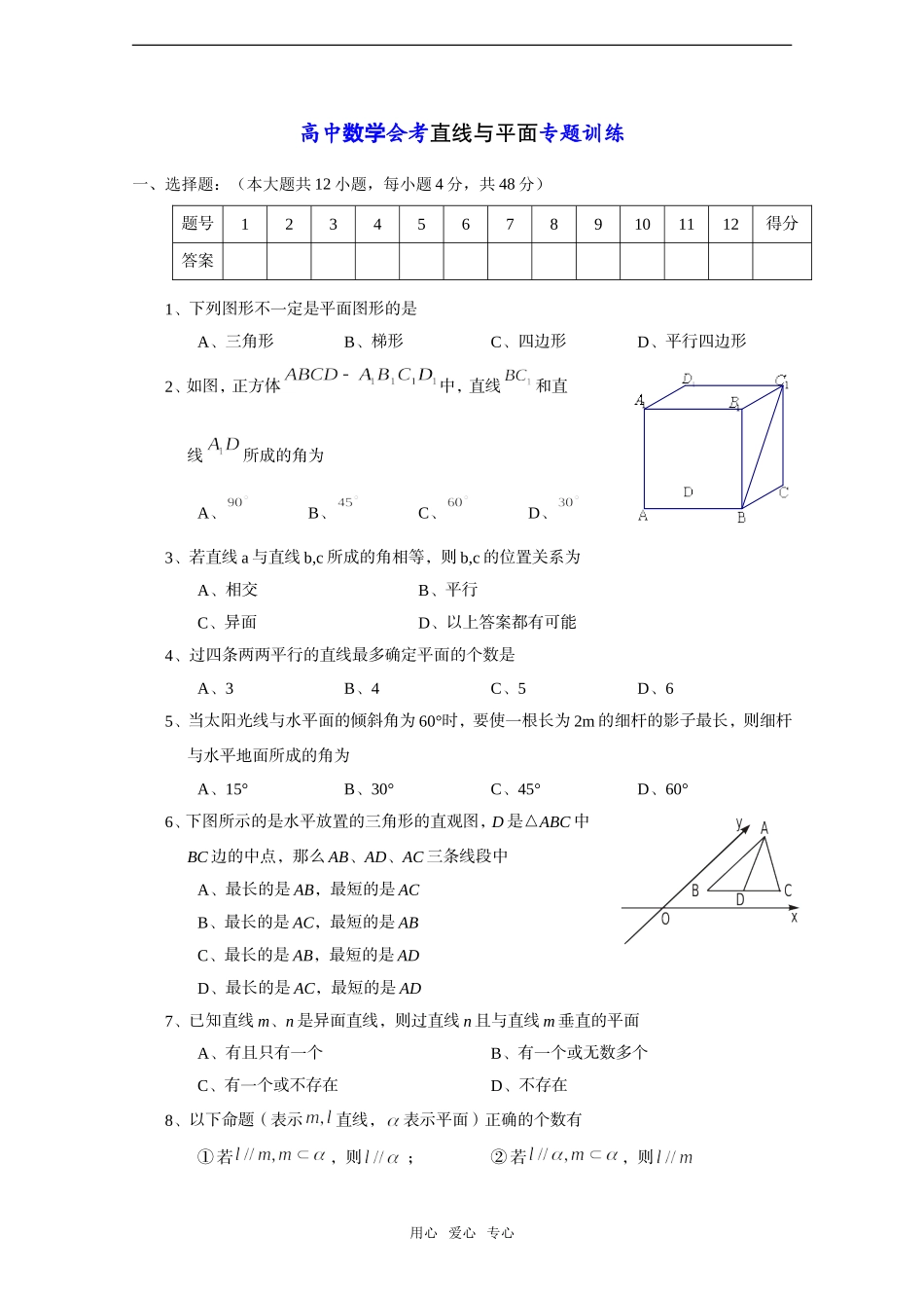 高中数学会考——直线与平面专题训练_第1页