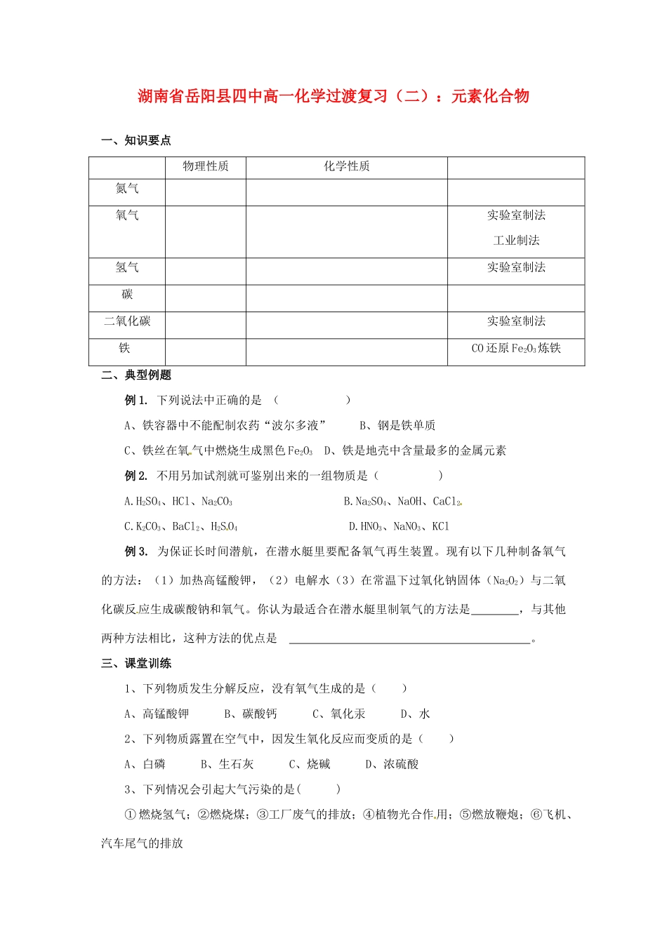 湖南省岳阳县四中高一化学过渡复习 元素化合物_第1页