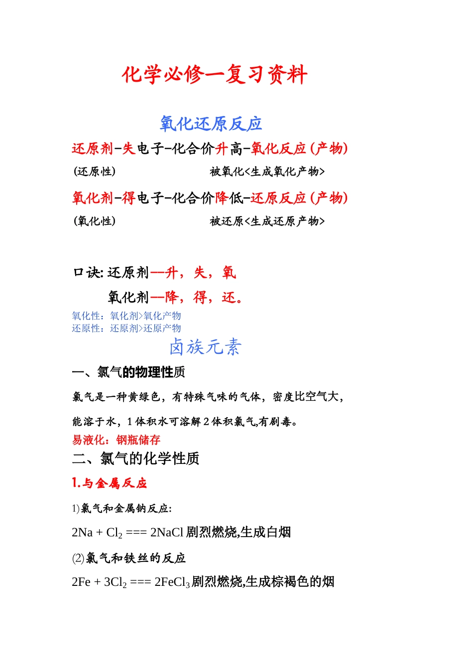 高一化学精品复习提纲人教版必修一_第1页