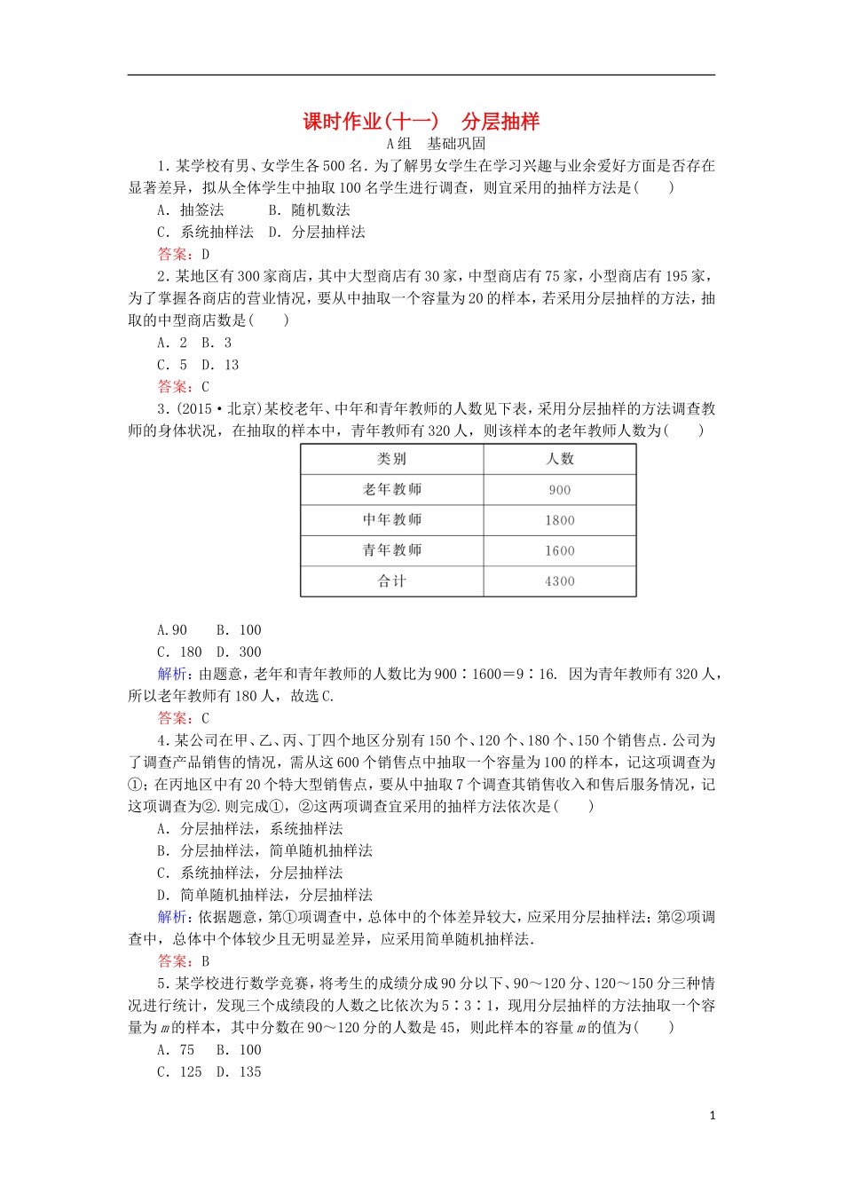 高中数学 11 分层抽样习题 新人教A版必修3-新人教A版高二必修3数学试题_第1页