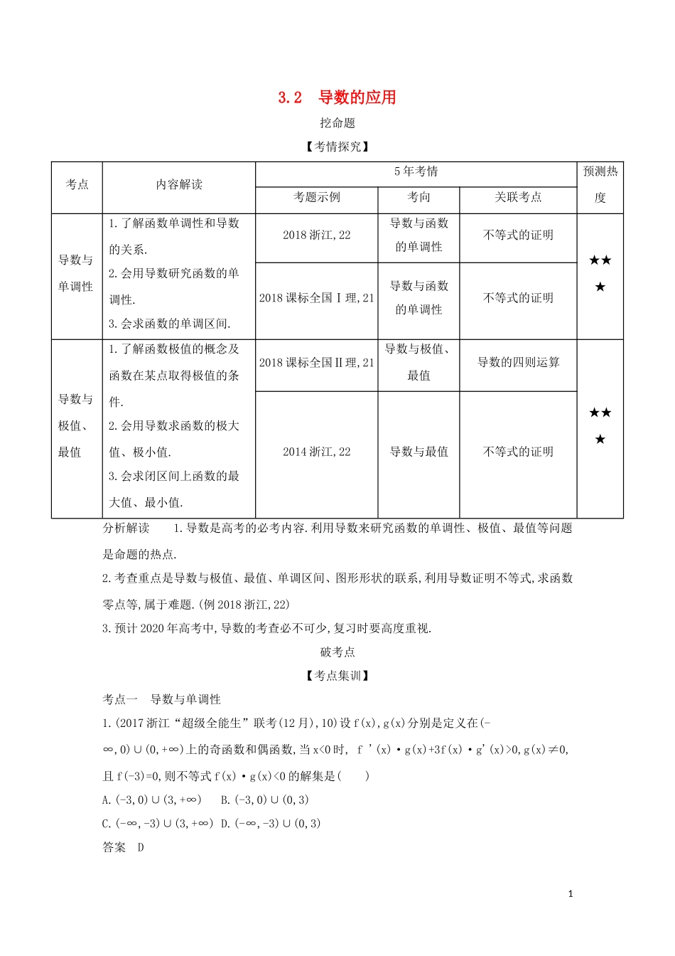 （浙江专用）高考数学一轮总复习 专题3 导数及其应用 3.2 导数的应用检测-人教版高三全册数学试题_第1页