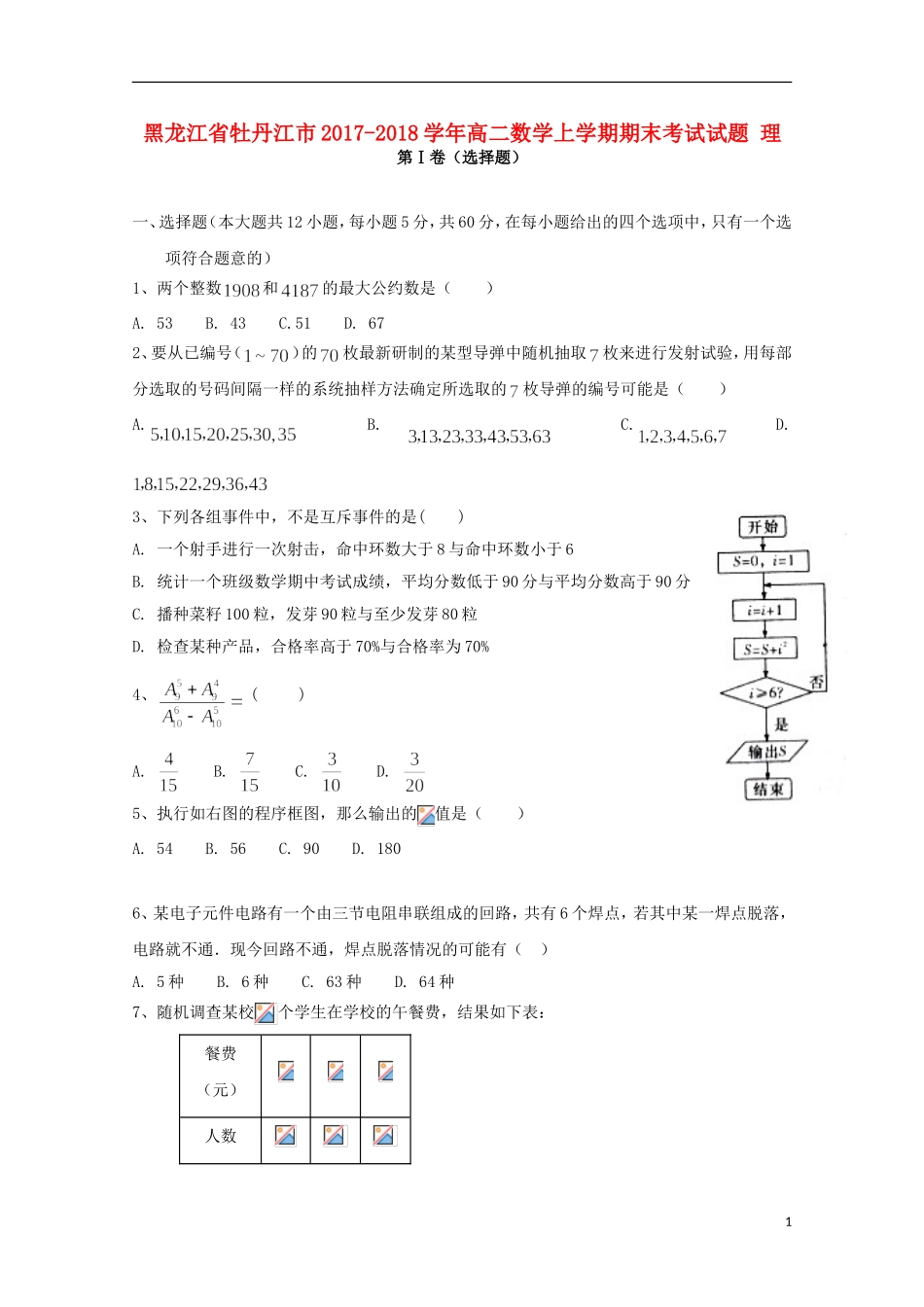 黑龙江省牡丹江市高二数学上学期期末考试试题 理-人教版高二全册数学试题_第1页
