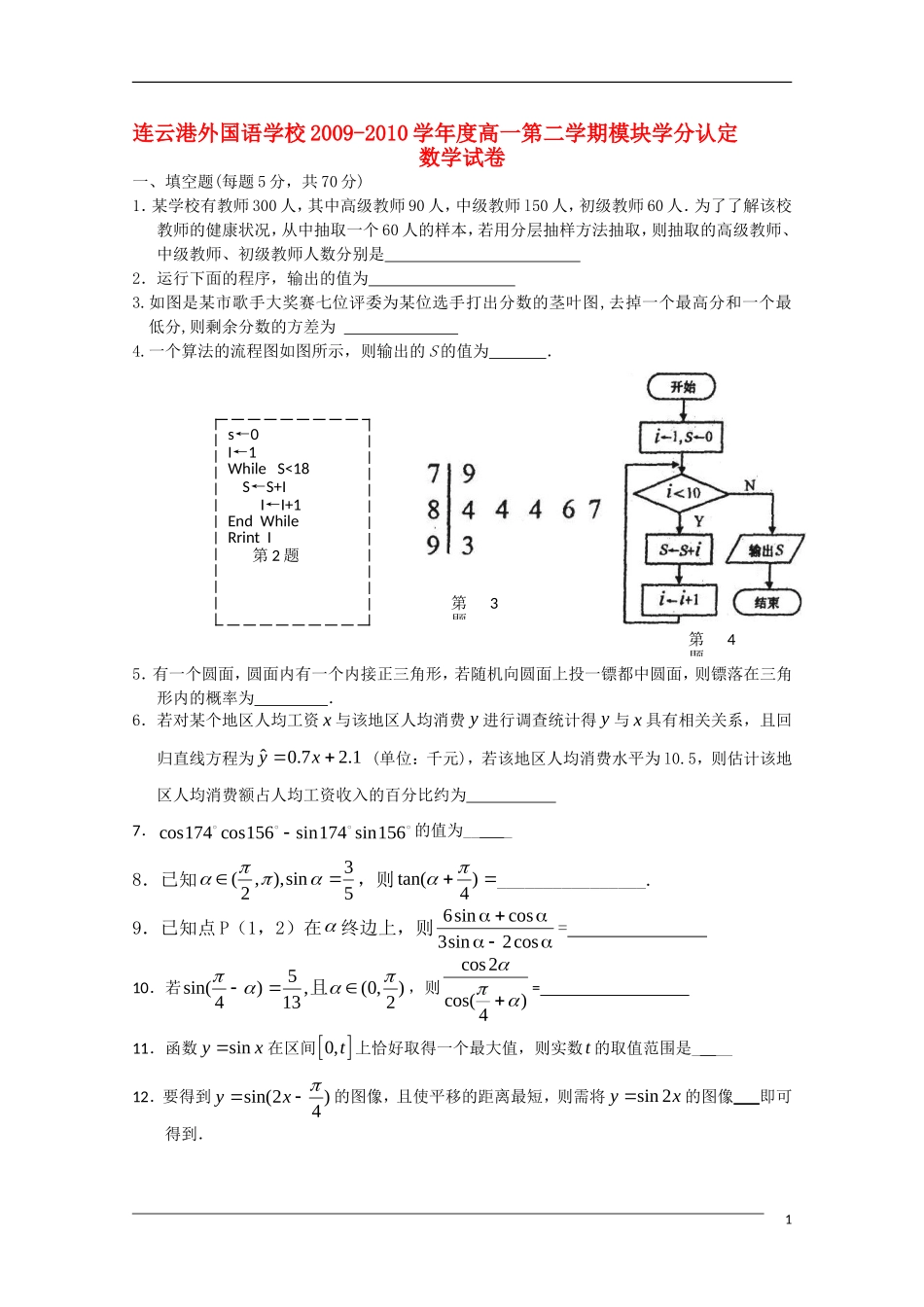 江苏省连云港外国语学校09-10学年高一数学下学期模块学分认定苏教版【会员独享】_第1页