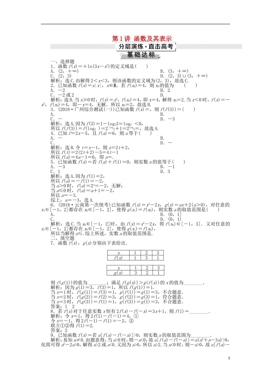 高考数学一轮复习 第2章 函数的概念与基本初等函数 第1讲 函数及其表示分层演练 文-人教版高三全册数学试题_第1页