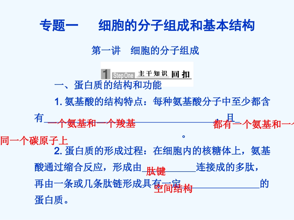 【步步高】2011版高考生物二轮复习 第一部分 专题一 第一讲 细胞的分子组成课件_第1页