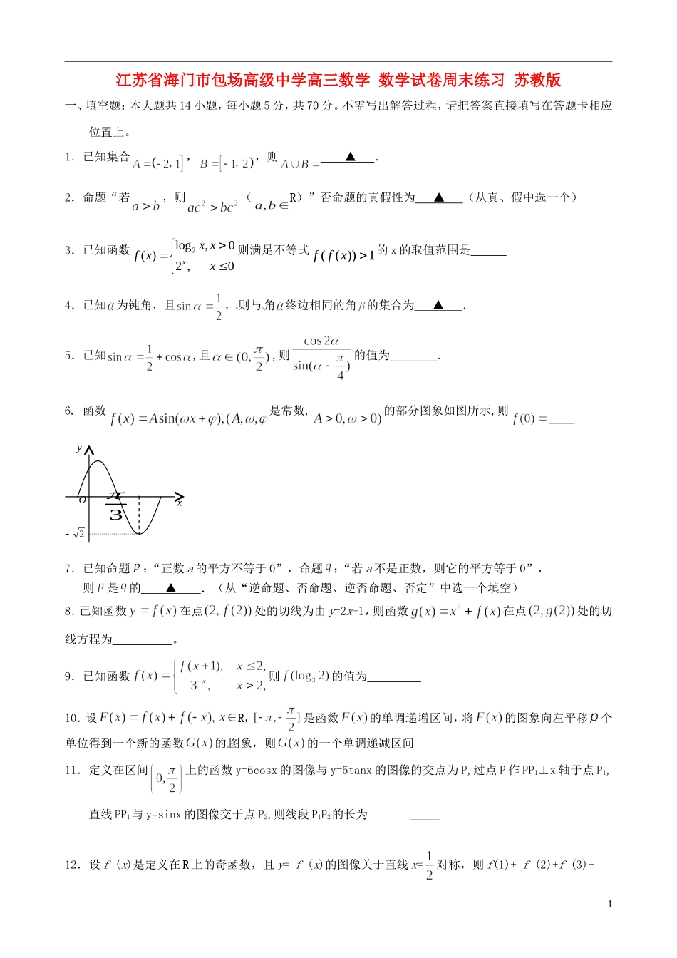 江苏省海门市包场高级中学高三数学 数学试卷周末练习 苏教版_第1页