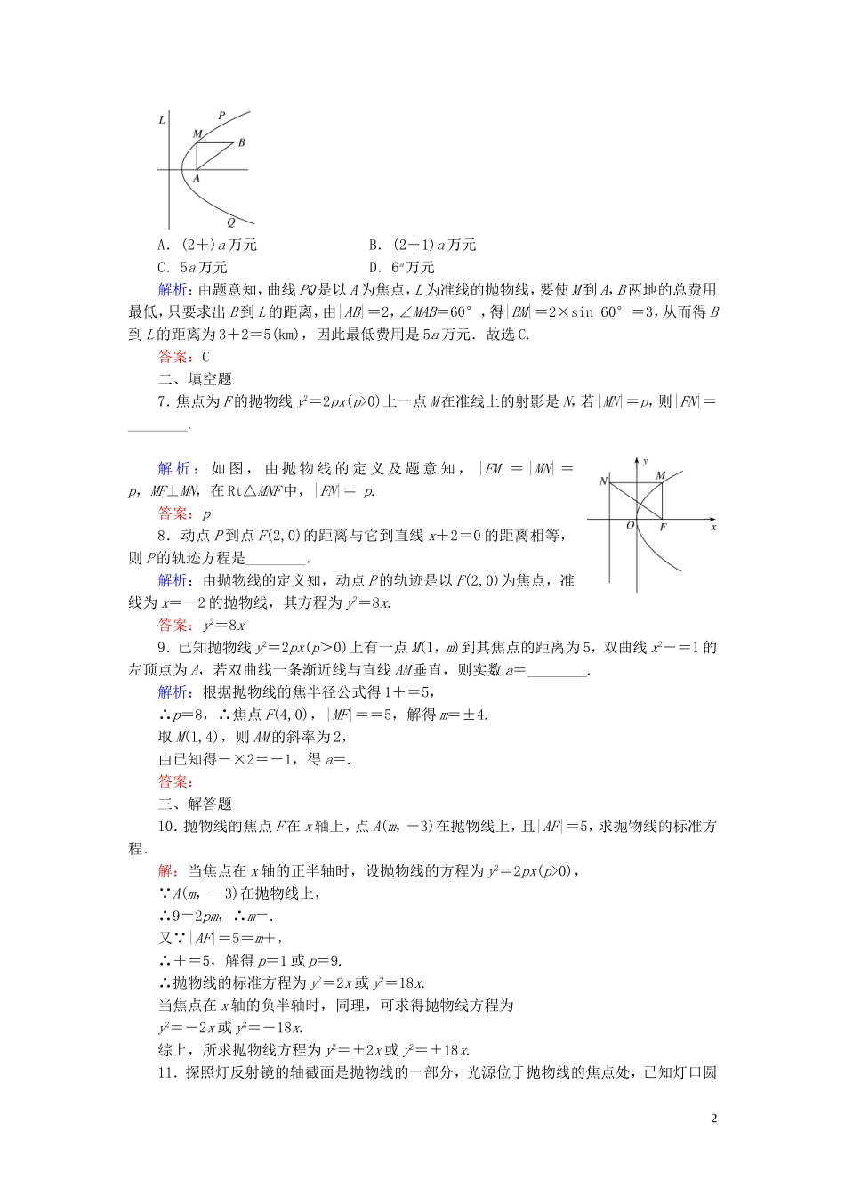高中数学 第2章 圆锥曲线与方程 2.3.1 抛物线及其标准方程练习 新人教A版选修1-1-新人教A版高二选修1-1数学试题_第2页