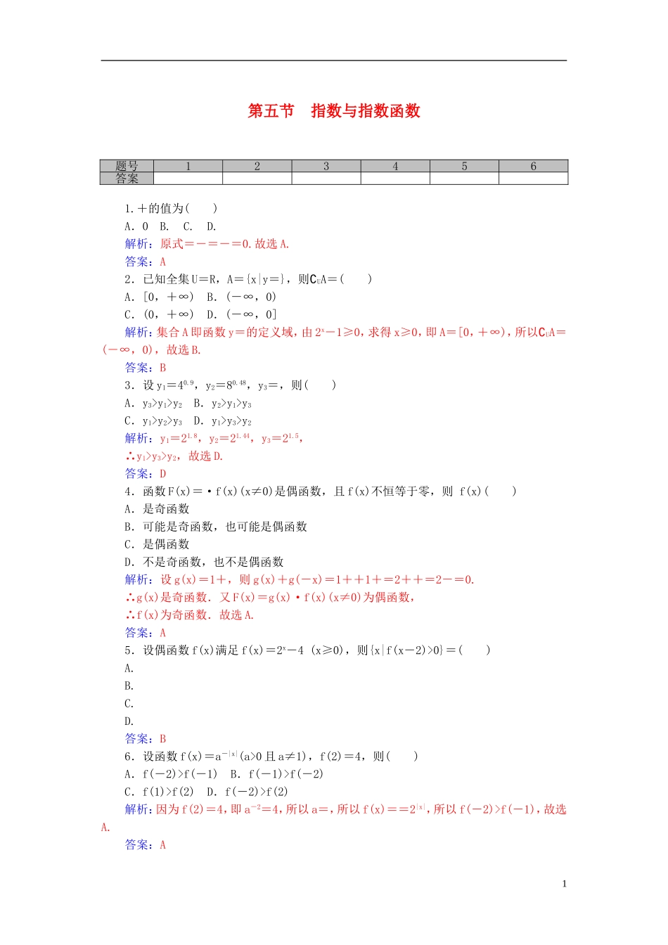 高考数学一轮复习 2.5指数与指数函数练习 理-人教版高三全册数学试题_第1页