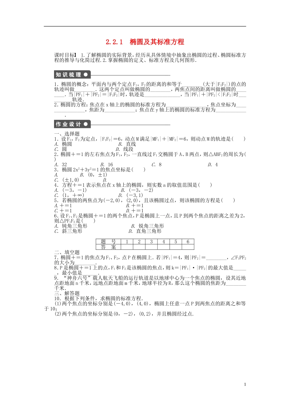 高中数学 第2章 圆锥曲线与方程 2.2.1 椭圆及其标准方程课时作业 新人教A版选修2-1-新人教A版高二选修2-1数学试题_第1页