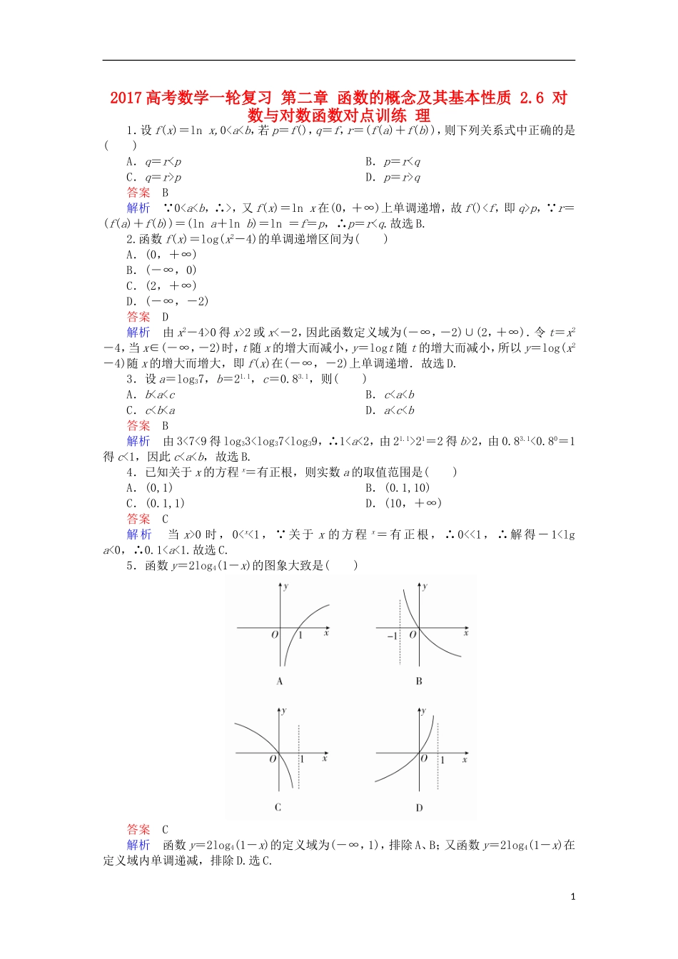 高考数学一轮复习 第二章 函数的概念及其基本性质 2.6 对数与对数函数对点训练 理-人教版高三全册数学试题_第1页