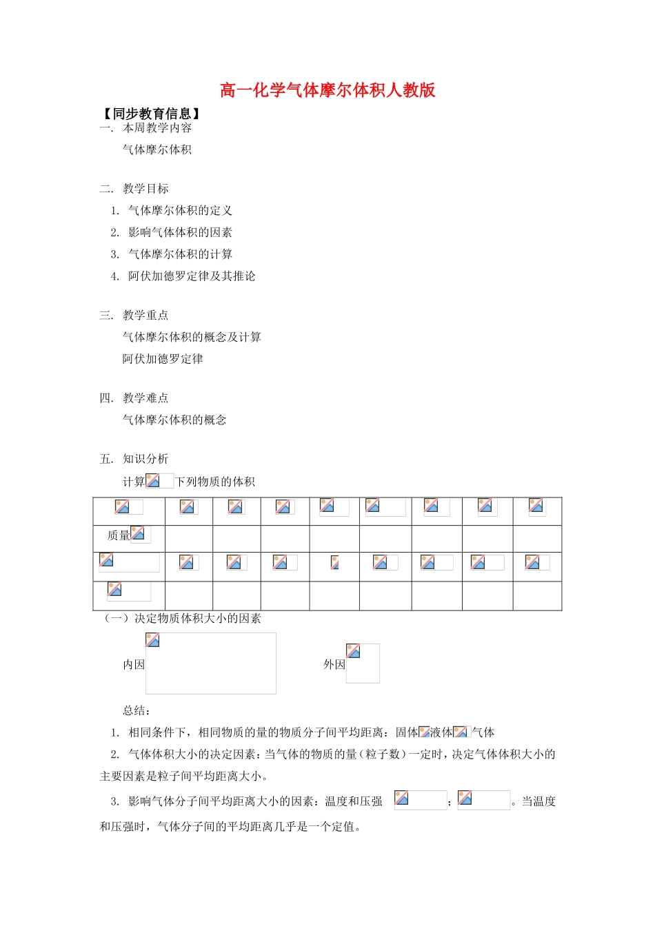 高一化学气体摩尔体积人教版知识精讲_第1页