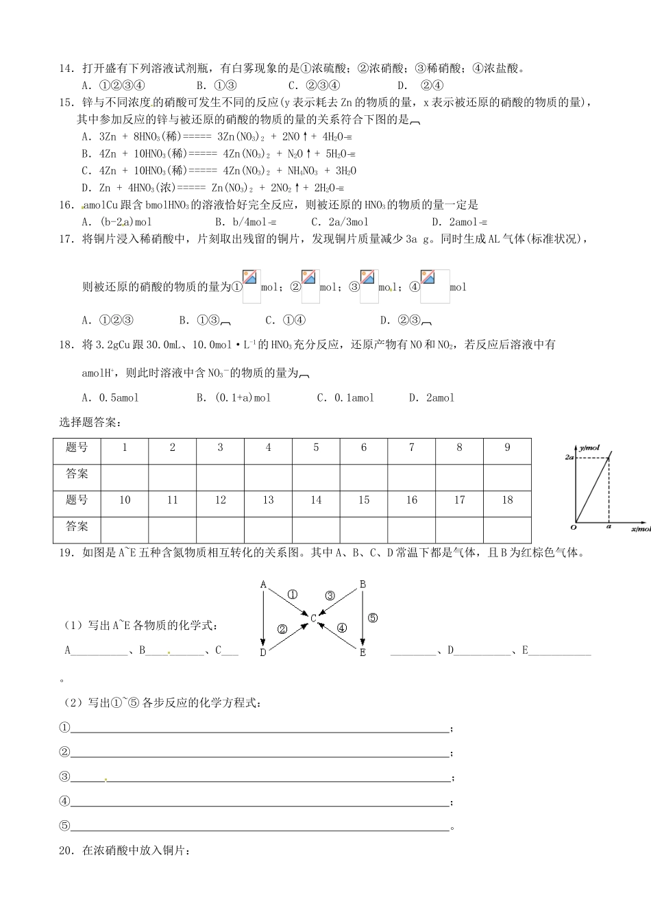 河北省张家口一中高一化学《第四节氨 硝酸 硫酸》作业3_第2页